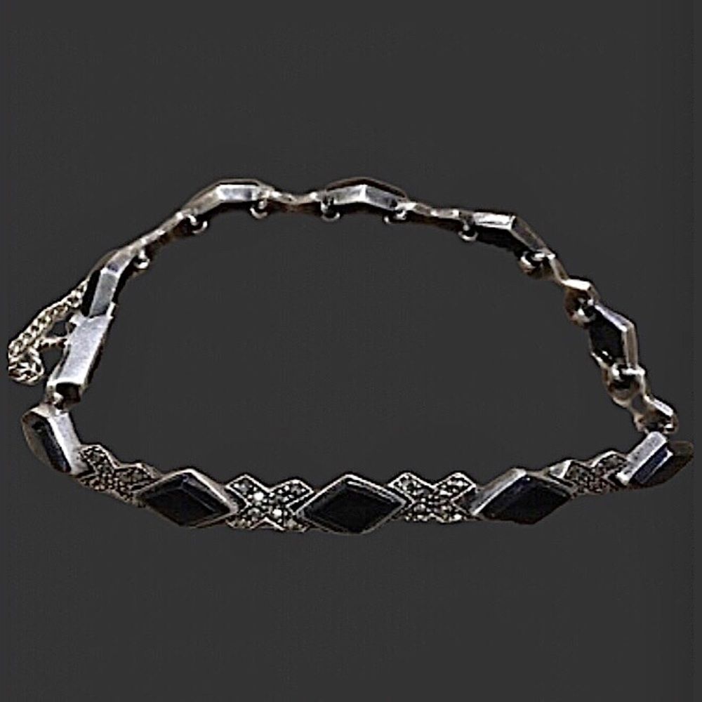 Vintage Black Onyx Marcasite Sterling Silver Tennis Bracelet
